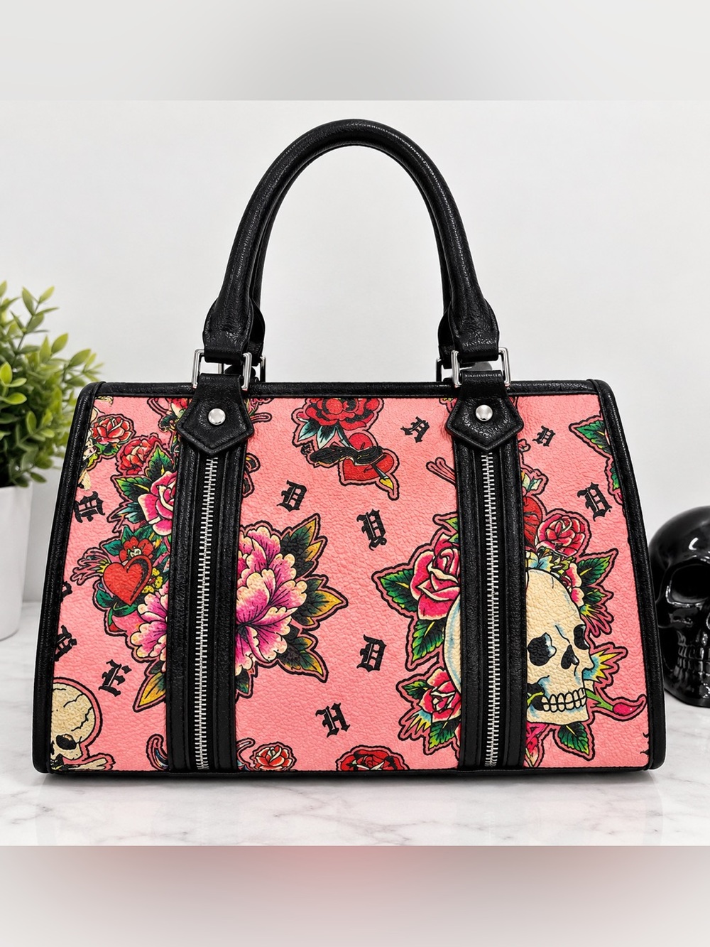 Ed Hardy Pink Floral Tattoo-Print Satchel Handbag